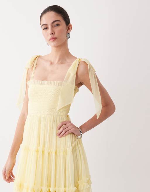 Lace & Beads tulle bow shoulders shirred ruffle trim midi dress in lemon, 2 of 4