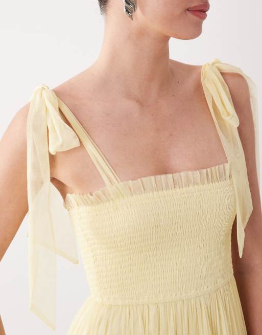Lace & Beads tulle bow shoulders shirred ruffle trim midi dress in lemon, 3 of 4
