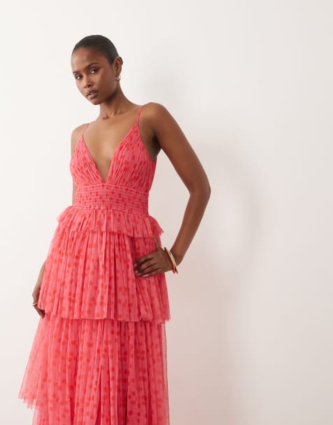 Lace & Beads tulle cami plunge tiered maxi dress in pink red polka - view 1