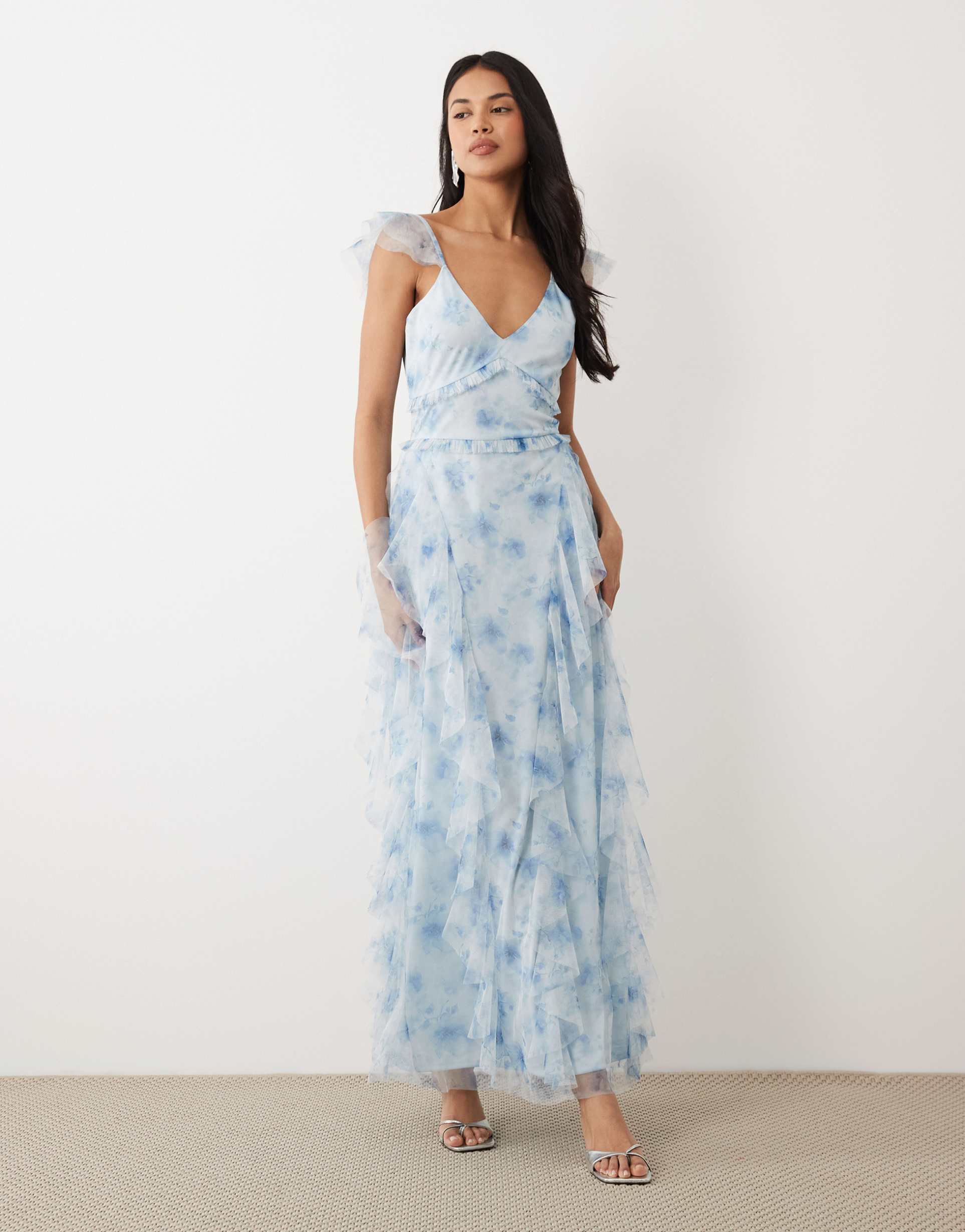 lace & beads tulle cami ruffle maxi dress in blue floral print