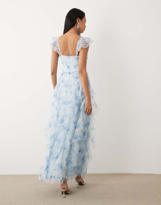 Lace & Beads tulle cami ruffle maxi dress in blue floral print, 3 of 4