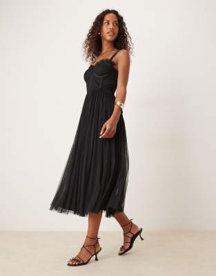 Lace & Beads Tulle Corset Midi Dress In Black