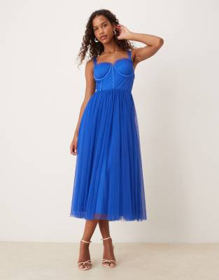 Lace & Beads Tulle Corset Midi Dress In Blue