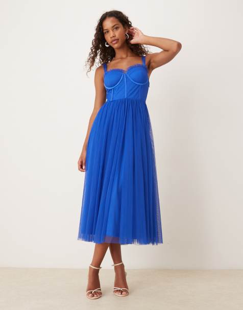 Lace & Beads tulle corset midi dress in cobalt - view 1