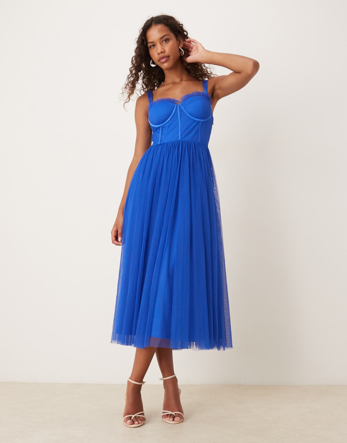 Lace & Beads tulle corset midi dress in cobalt