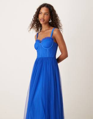 Lace & Beads Tulle Corset Midi Dress In Blue
