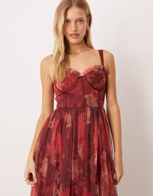 Lace Beads tulle corset midi dress in deep red rose floral ASOS