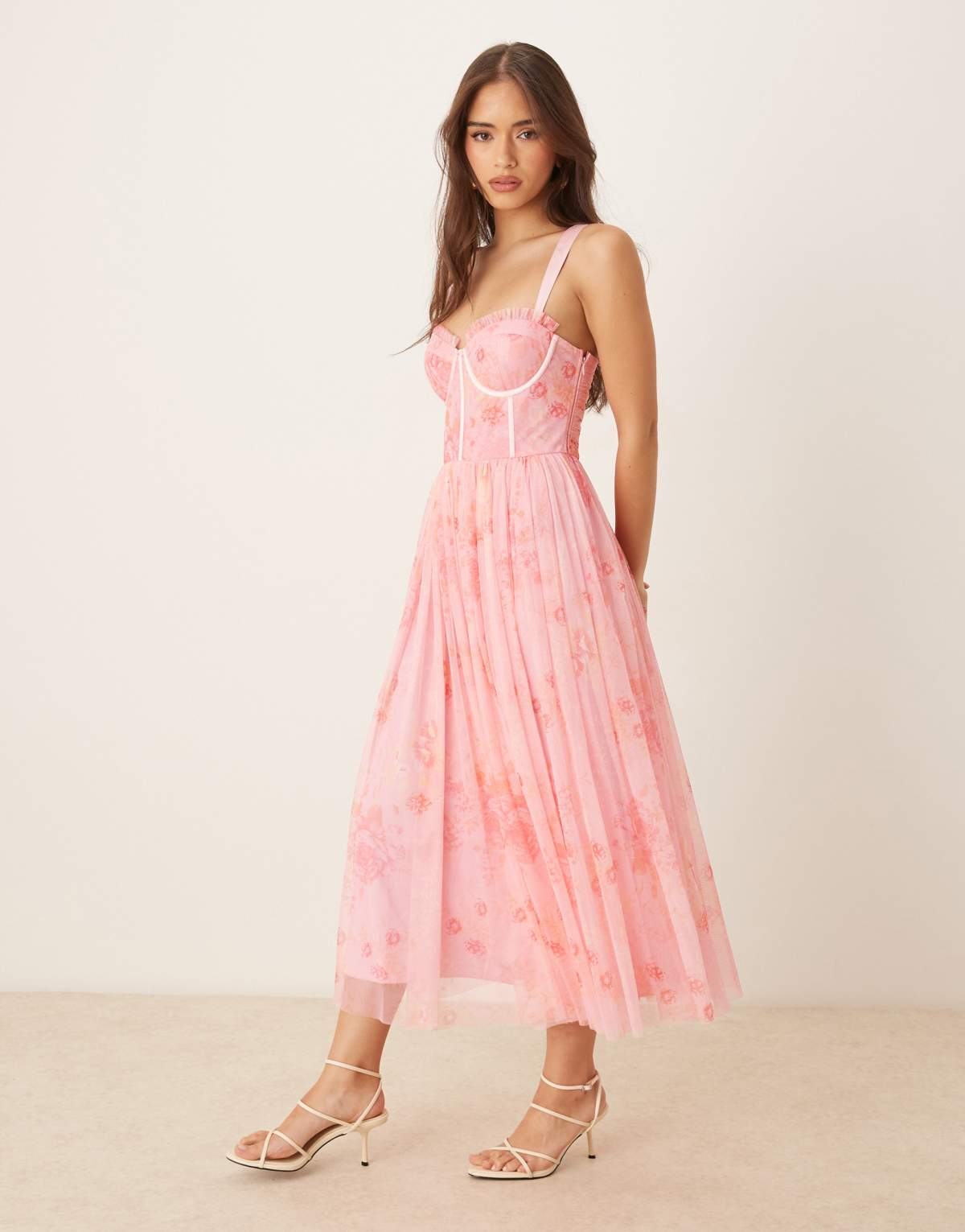 Lace & Beads tulle corset midi dress in pink floral
