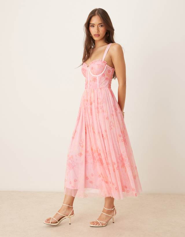 Lace & Beads tulle corset midi dress in pink floral | ASOS