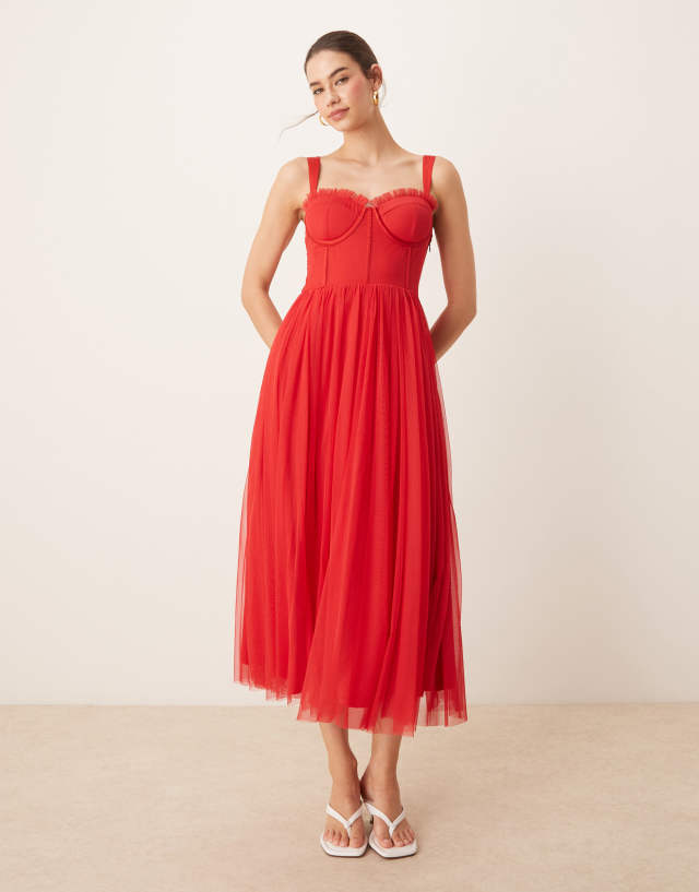 Lace & Beads tulle corset midi dress in red
