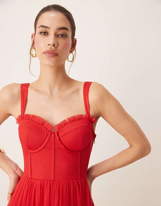 red corset midi dress Dark Romance Satin VICI creating graceful movement through the midcalf hemline Corset Midi Dress in Winterberry