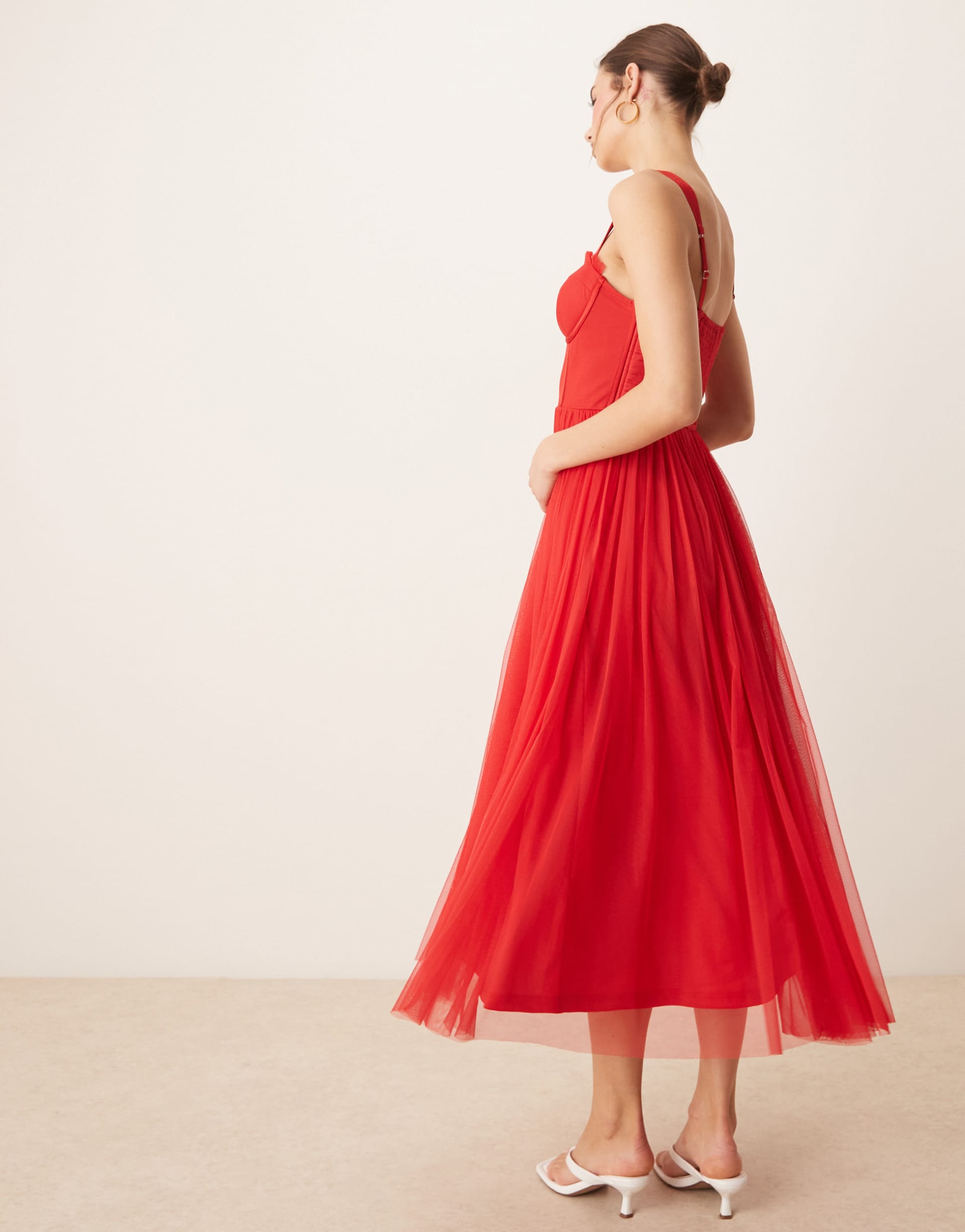lace & beads tulle corset midi dress in red