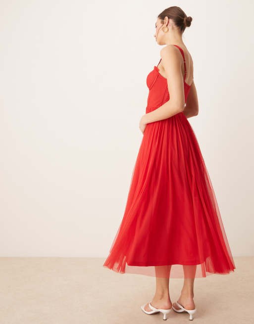 red corset midi dress Fleur The tiered skirt adds romantic volume and movement Rouge Corset Midi Dress by