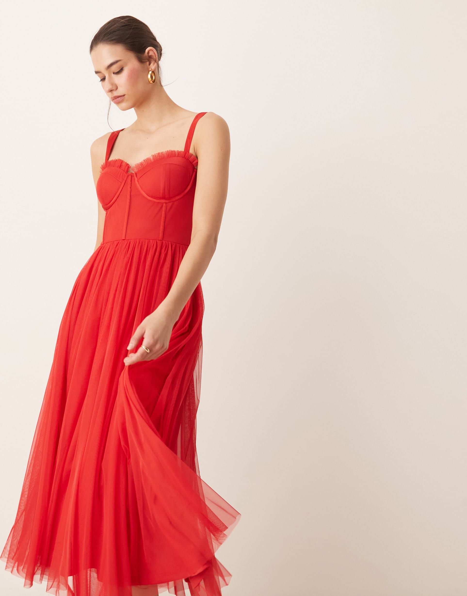 lace & beads tulle corset midi dress in red