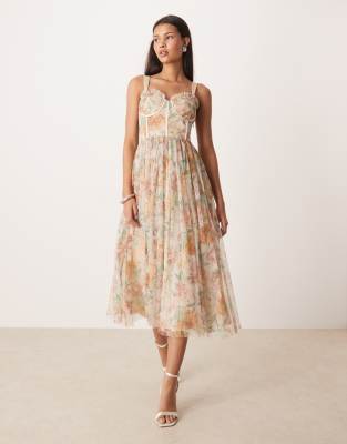 Lace & Beads tulle corset midi dress in soft brown floral
