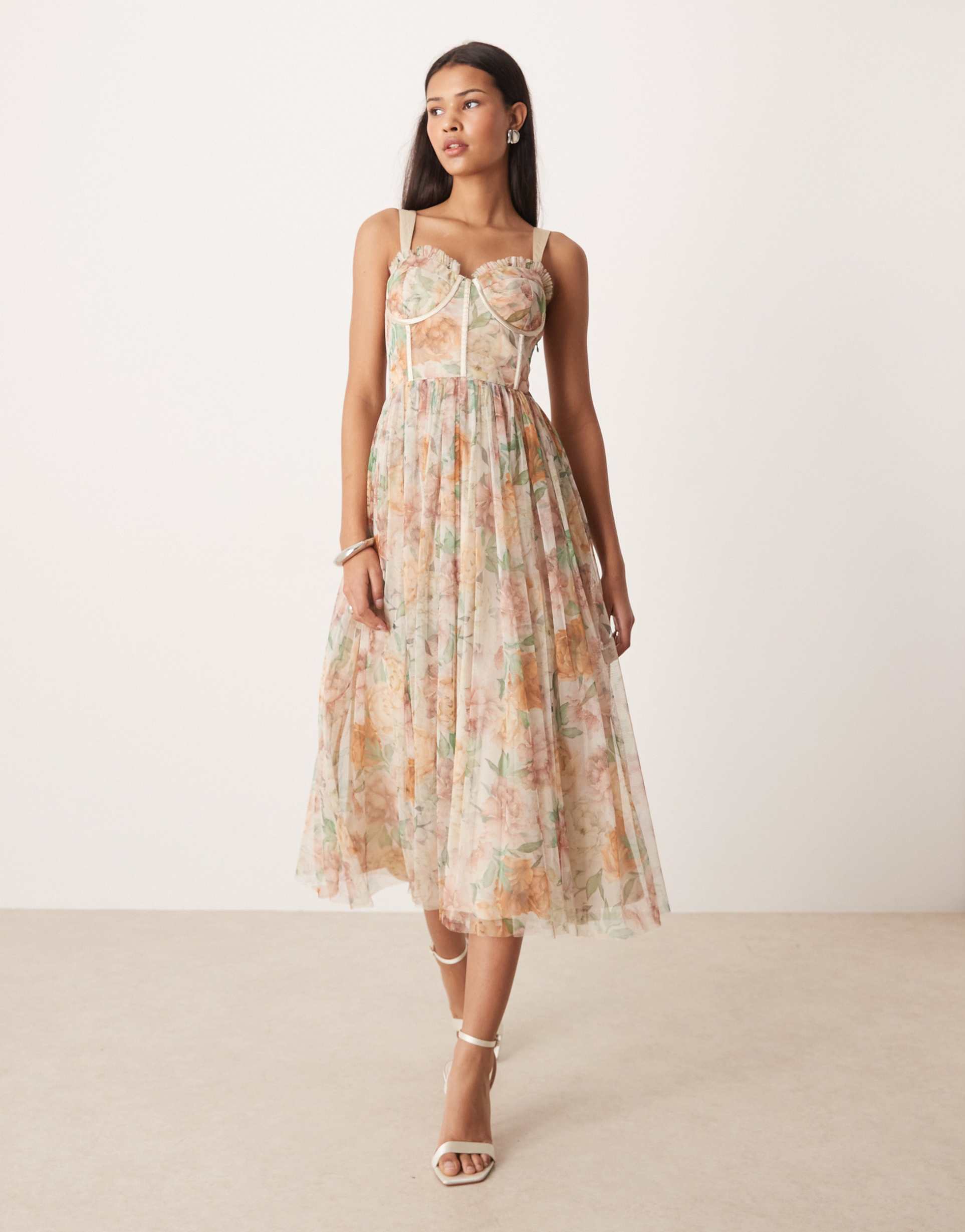 lace & beads tulle corset midi dress in soft brown floral