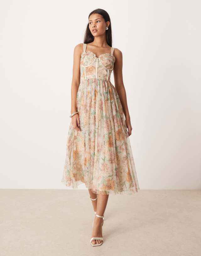 asos lace and beads corset tulle dress & midi in soft brown floral Color:Dark Sapphire making it ideal for summer-shirts What to Wear to