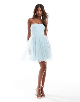 Lace & Beads tulle corset mini dress with drop hem