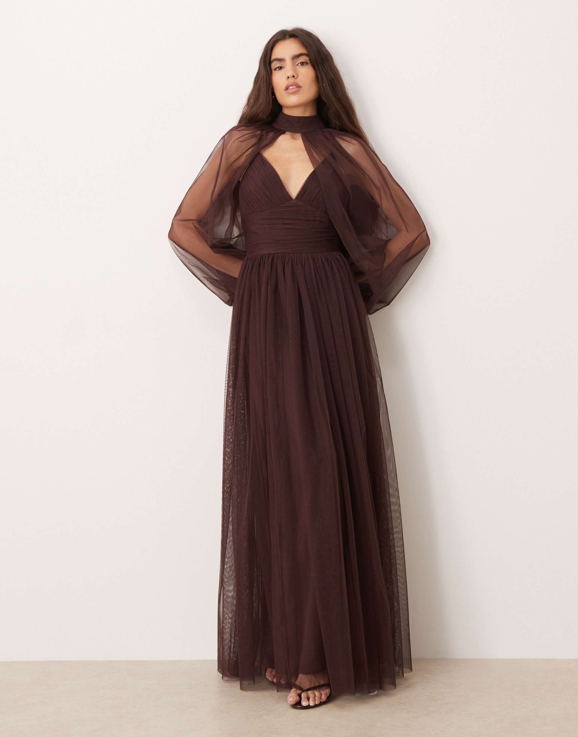 lace & beads tulle detachable sheer balloon sleeve maxi dress in chocolate