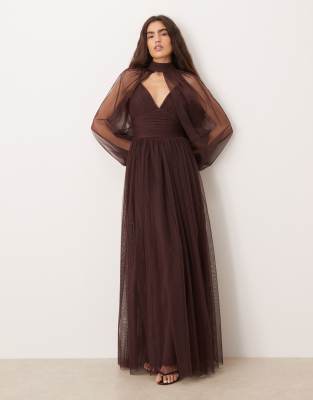 Lace & Beads Tulle Detachable Sheer Balloon Sleeves Maxi Dress In Brown