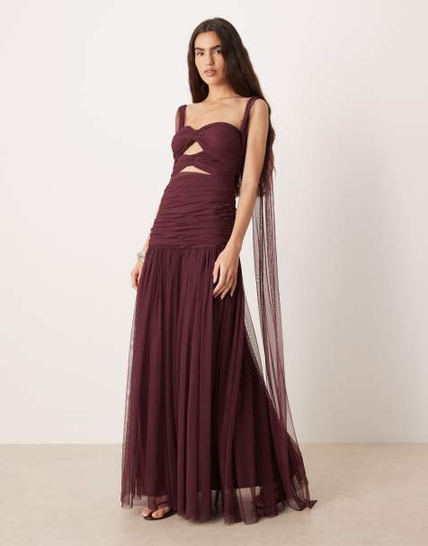 Lace & Beads tulle double bow detail cut out maxi dress in plum
