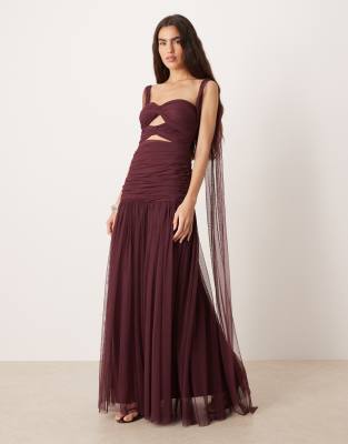 Lace & Beads Tulle Double Bow Detailing Cut Out Maxi Dress In Purple