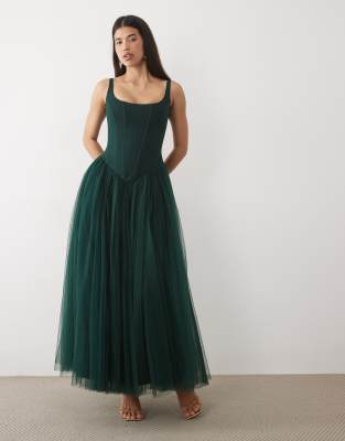 Lace & Beads Tulle Drop Hem Corset Maxi Dress In Green