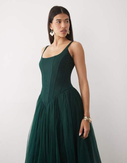 Lace & Beads tulle drop hem corset maxi dress in emerald, 2 of 4