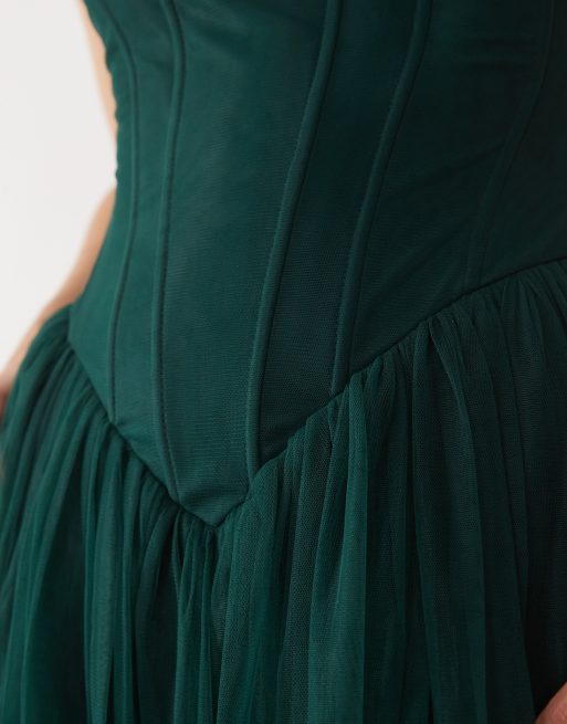 Lace & Beads tulle drop hem corset maxi dress in emerald, 3 of 4