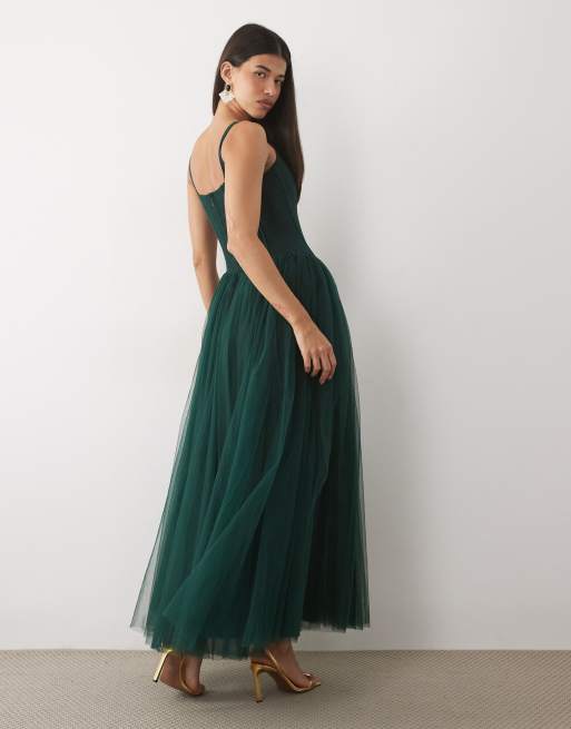 Lace & Beads tulle drop hem corset maxi dress in emerald, 4 of 4