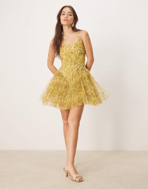 Lace & Beads tulle drop waist corset mini dress in yellow buttercup floral - view 1