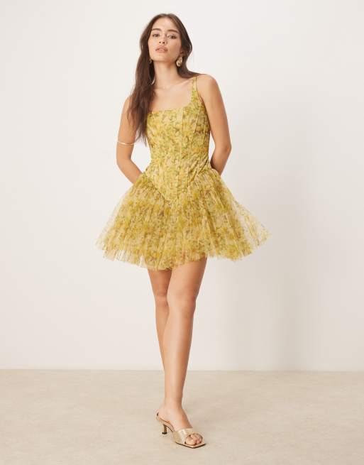 Lace & Beads tulle drop waist corset mini dress in yellow