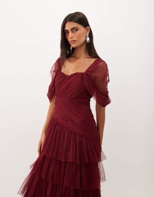 Lace & Beads tulle fallen shoulder asymmetric ruffle detail maxi dress in burgundy, 2 of 4