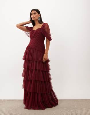 Lace & Beads Tulle Fallen Shoulder Asymmetric Ruffle Detail Maxi Dress In Pink