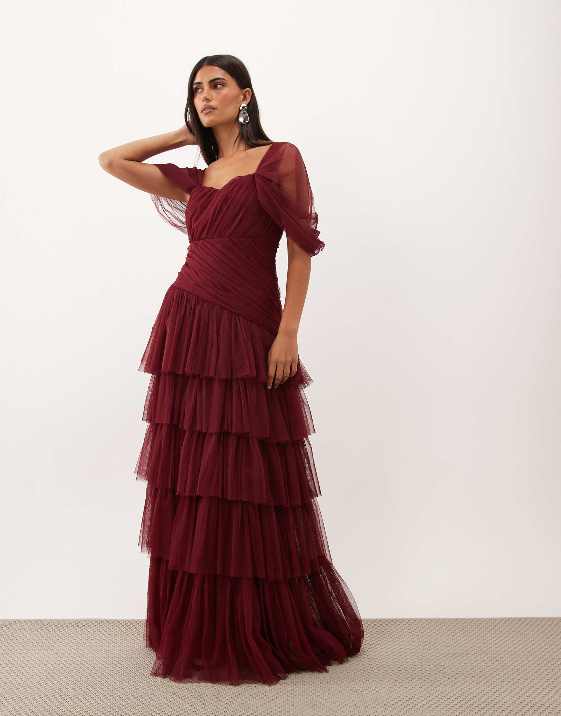 lace & beads tulle fallen shoulder asymmetric ruffle detail maxi dress in dark pink