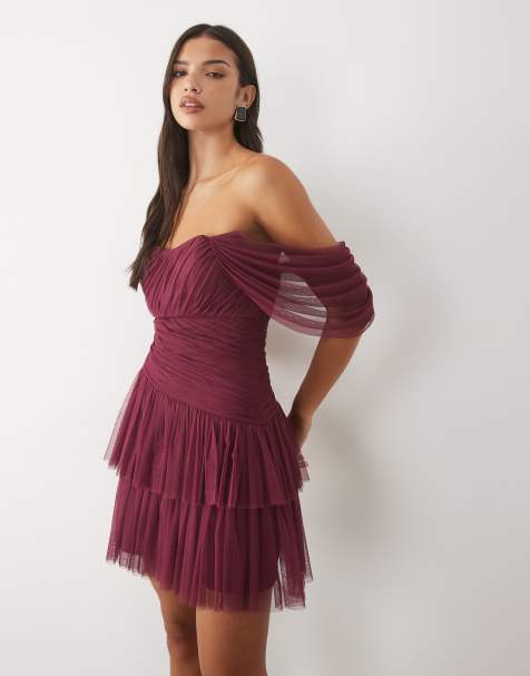 Lace & Beads tulle fallen shoulder shirred waist tiered skirt mini dress in dark plum - view 1