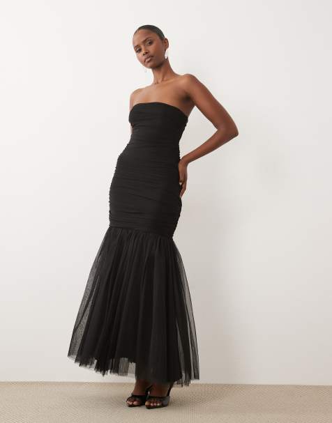 Lace & Beads tulle fishtail maxi dress in black