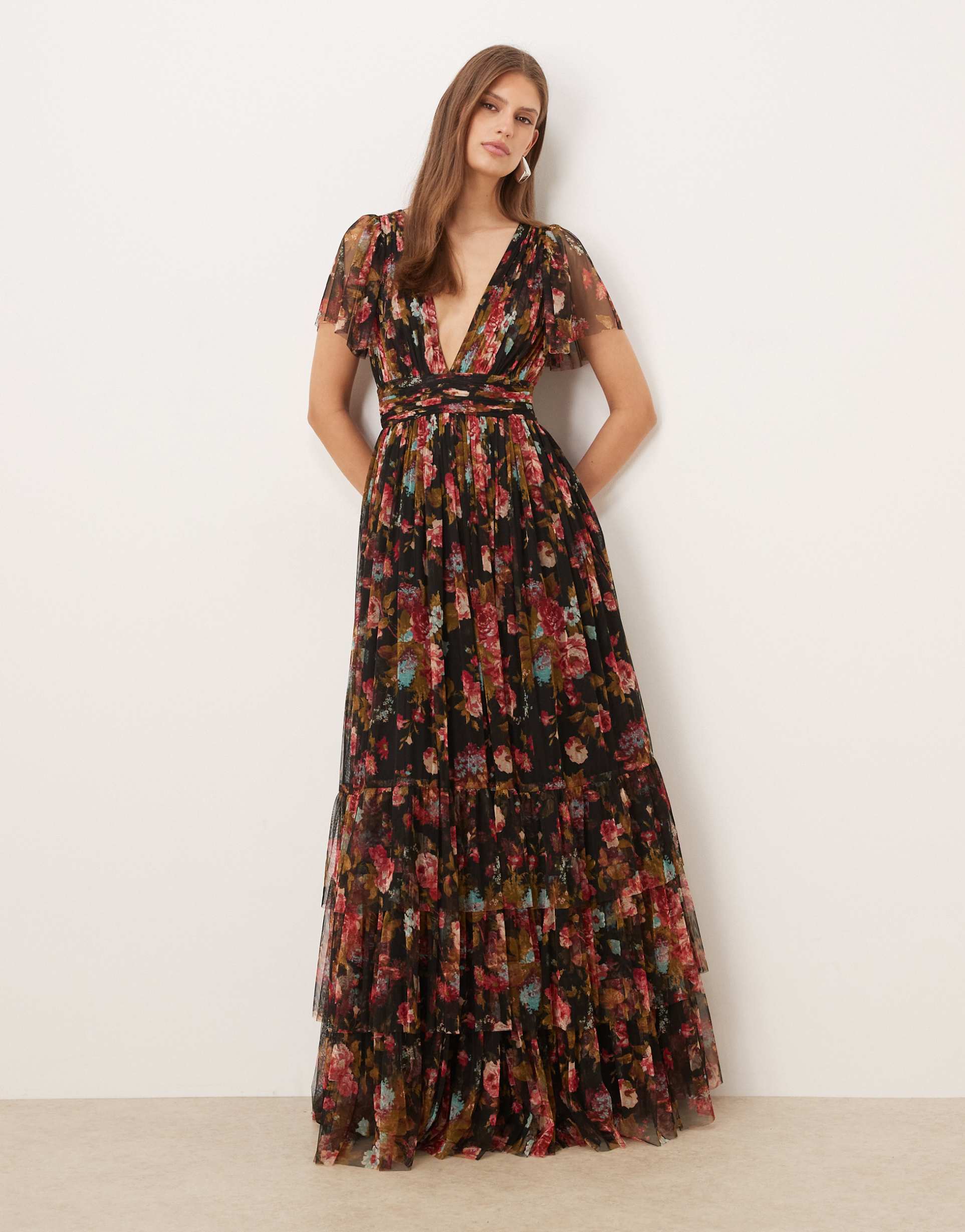 lace & beads tulle flutter sleeve deep v maxi dress in black floral print