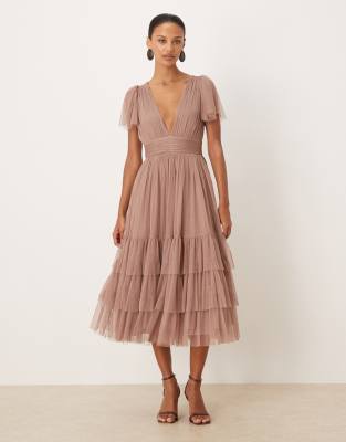 Lace & Beads tulle flutter sleeve plunge neck tiered midi dress in taupe