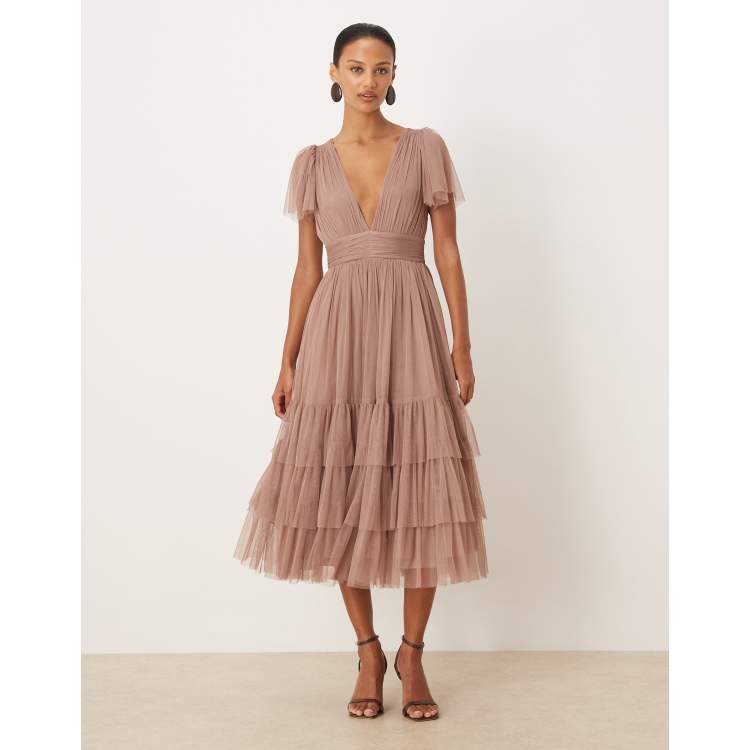 Lace & Beads tulle flutter sleeve plunge neck tiered midi dress in