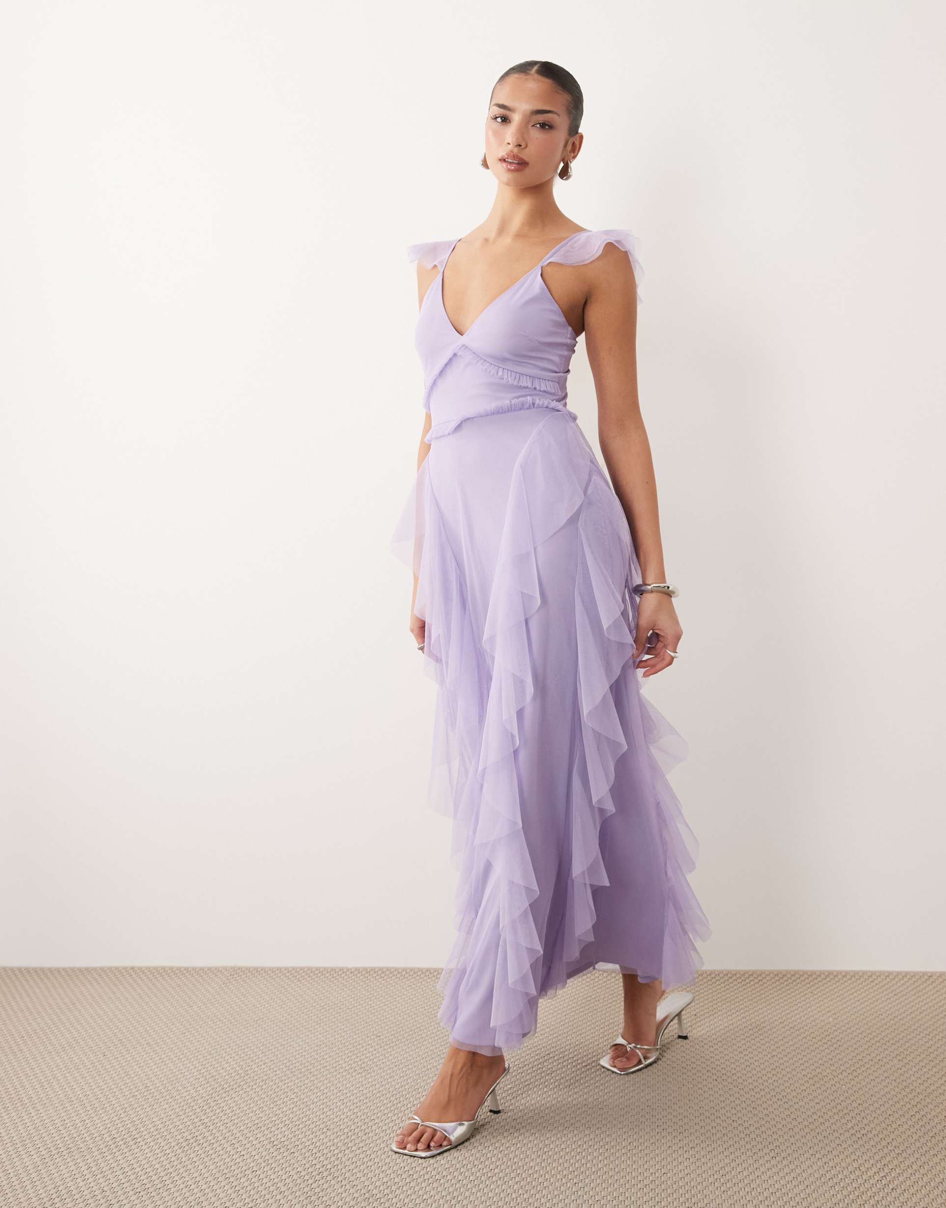 lace & beads tulle flutter sleeve ruffle maxi dress in lilac