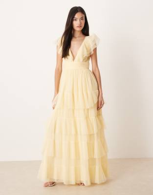 Lace & Beads tulle flutter sleeve tiered frill maxi dress in lemon