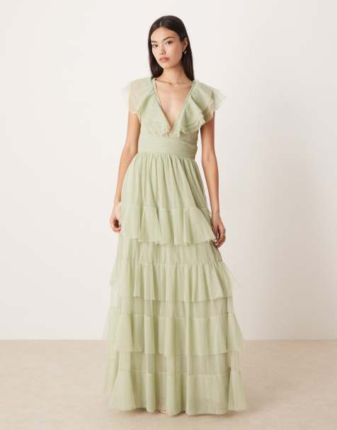 Lace & Beads tulle flutter sleeve tiered frill maxi dress in sage green - view 1