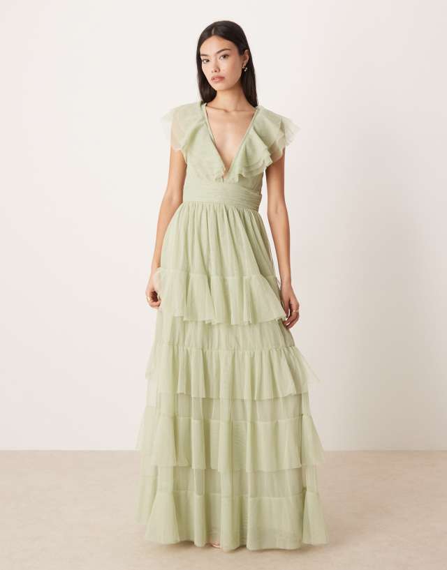 sage green embroidered frill maxi dress Lace & Beads tulle flutter sleeve tiered in 18817