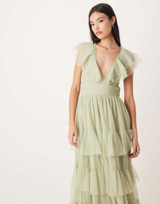 Lace & Beads tulle flutter sleeve tiered frill maxi dress in sage green , 4 of 4