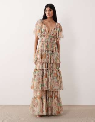 Lace & Beads Lace & Beads tulle flutter sleeve tiered maxi dress in beige floral-Brown