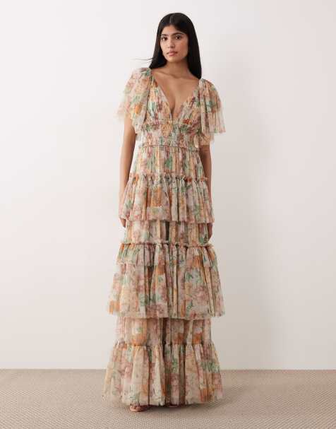 Lace & Beads tulle flutter sleeve tiered maxi dress in beige floral - view 1
