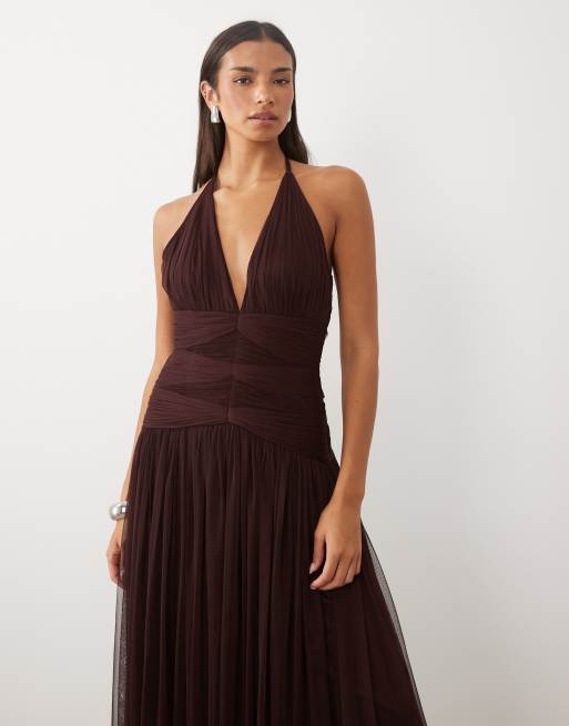 Lace & Beads tulle halter neck drop waist open back maxi dress in chocolate, 3 of 4