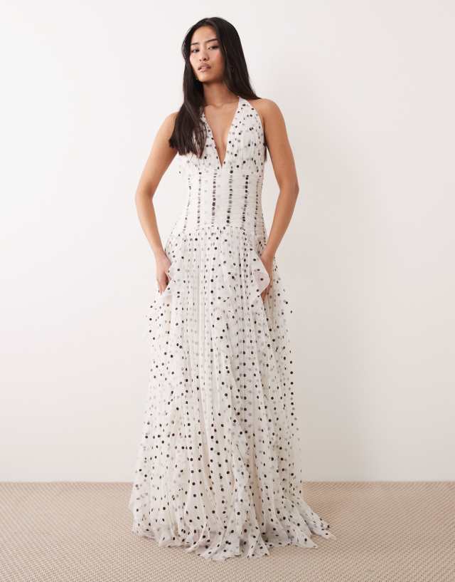 white and brown maxi dress Lace & Beads tulle halter neck ruffle detail in polka dot A perfect blend of