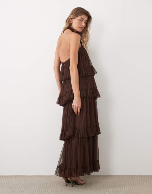 Lace & Beads tulle halter neck tiered maxi dress in chocolate, 4 of 4